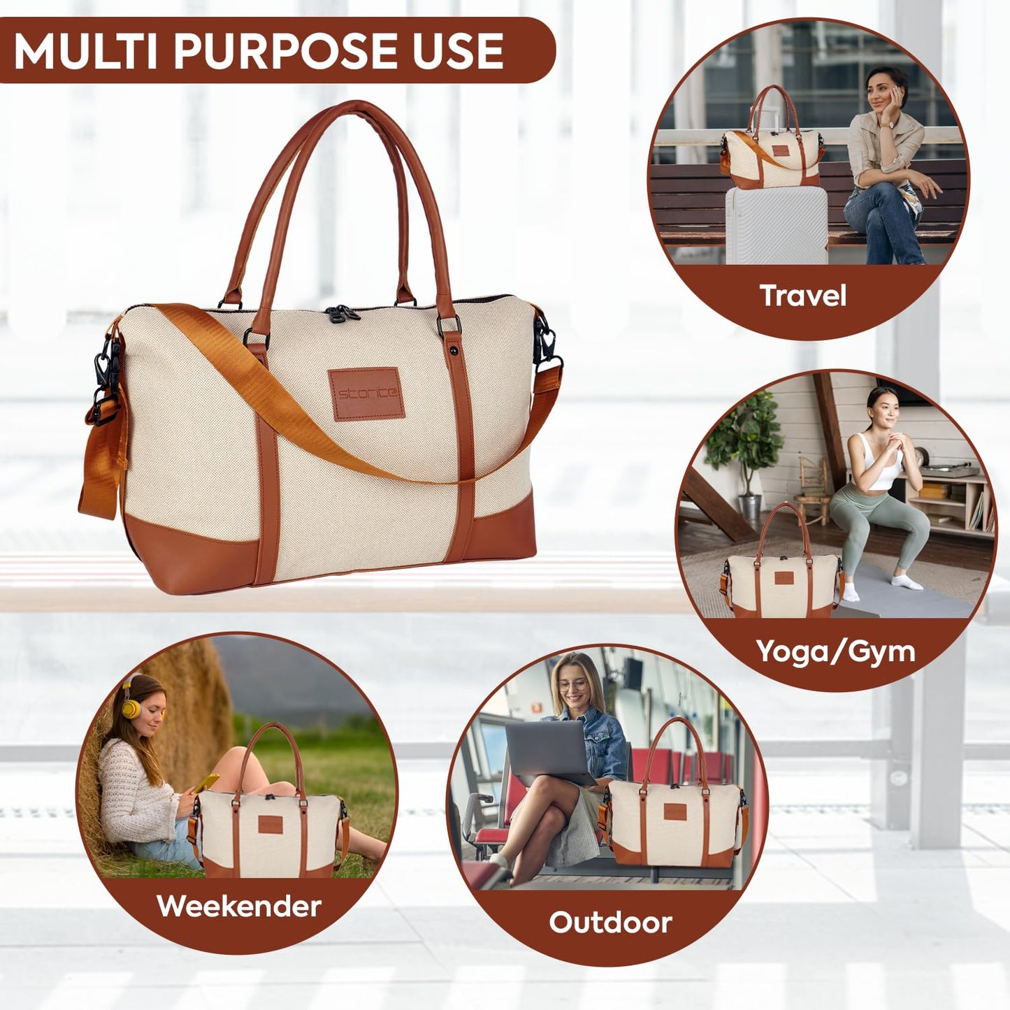 Storite Canvas 43 Cm Travel Duffle Bag for Women with Luggage Trolly Sleeve, Lightweight Waterproof Luggage Bag Women Shoulder Bag (Brown, 43 x 14 x 33 Cm)