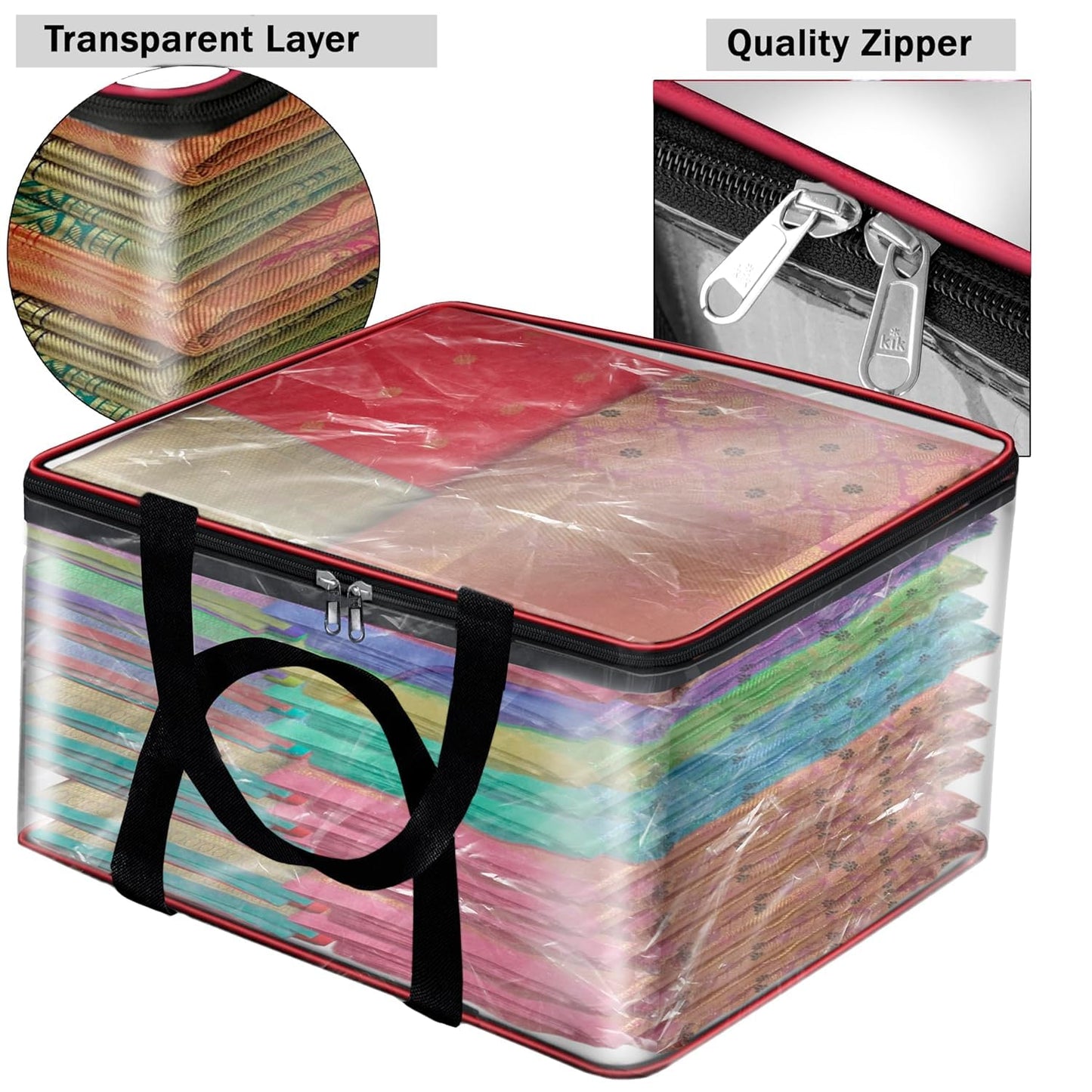 Storite 2 Pack Nylon 33 L PVC Transparent Clothes storage Bags/Saree Covers with Zip for Storage Specially Design for Woman Dresses,Sarees,Lehngas for Wardrobe Organizer(Redblack, 40 x 31x 24 cm)