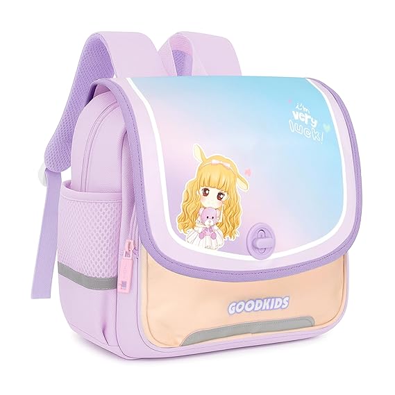 Storite Cute Cartoon Girl Kids Backpack - Rectangular Shape School Bag with Pastel Color theme, Flap & Rotating Lock, Tablet Compartment & Padded Back | Ideal for Class 1–5 Students (Lavender)