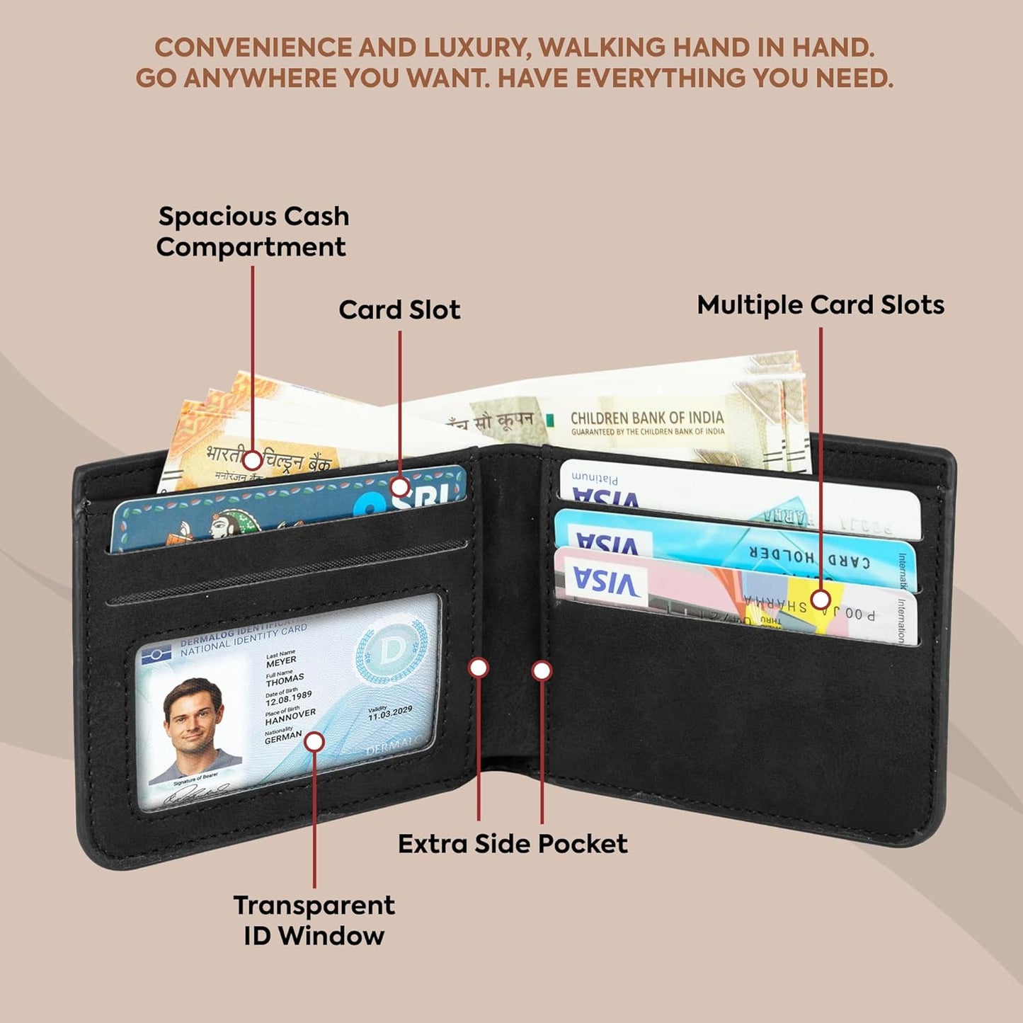 Storite Men's Wallet PU Leather RFID Blocking Money Wallet Zipper Coin Purse for Men (Black-21 x 9 x 2 cm)