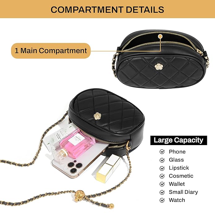 Storite PU Leather Quilted Sling Bag with Detachable Chain Strap, Crossbody Bag with Multi-Compartment for Women and Girls - Black