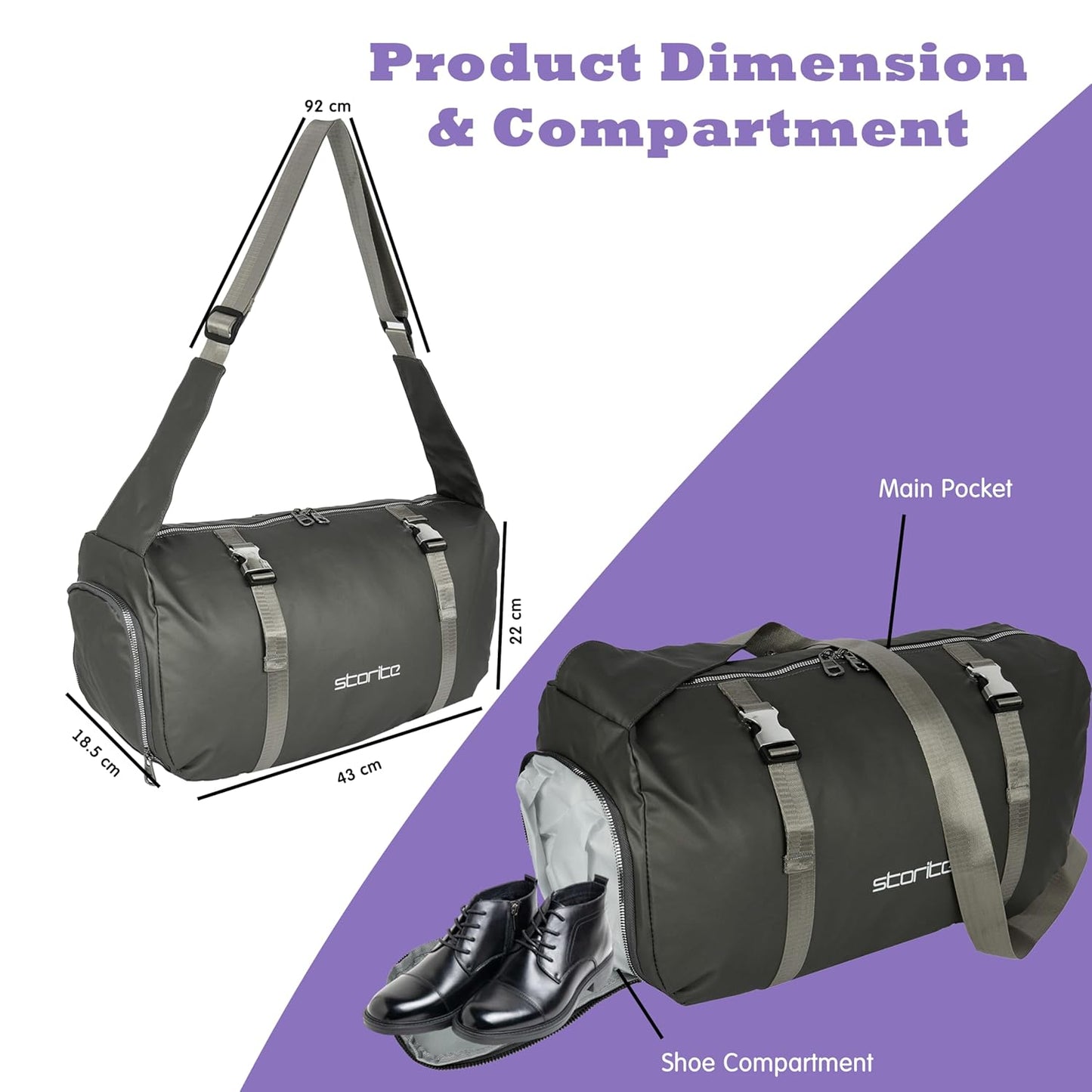 Storite Polyester 43 Cm Imported Multi Purpose Travel Duffle Bag for Women with Wet Pocket, Lightweight Waterproof Backpack Carry Luggage Bag with Shoe Compartment (ShinyGrey, 43 x 18.5 x 22 Cm)