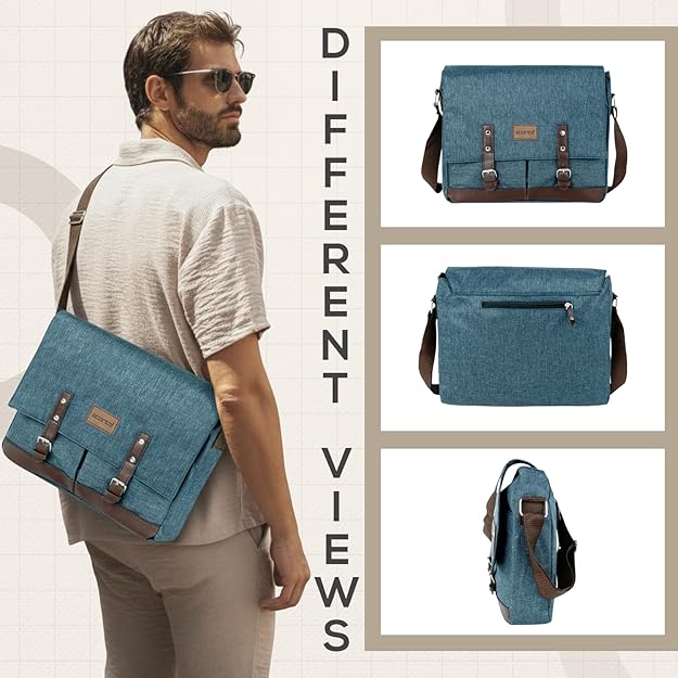 Storite Laptop Messenger Bag for Men & Women – Water-Resistant Office Shoulder Bag with Multiple Pockets, Adjustable Strap & Leatherette Detailing - Dark Teal