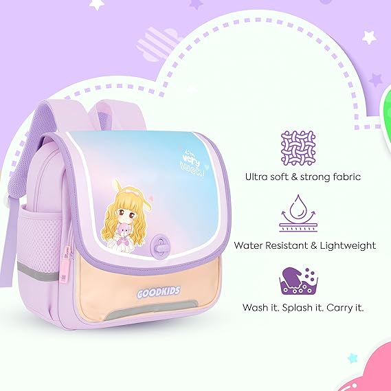 Storite Cute Cartoon Girl Kids Backpack - Rectangular Shape School Bag with Pastel Color theme, Flap & Rotating Lock, Tablet Compartment & Padded Back | Ideal for Class 1–5 Students (Lavender)