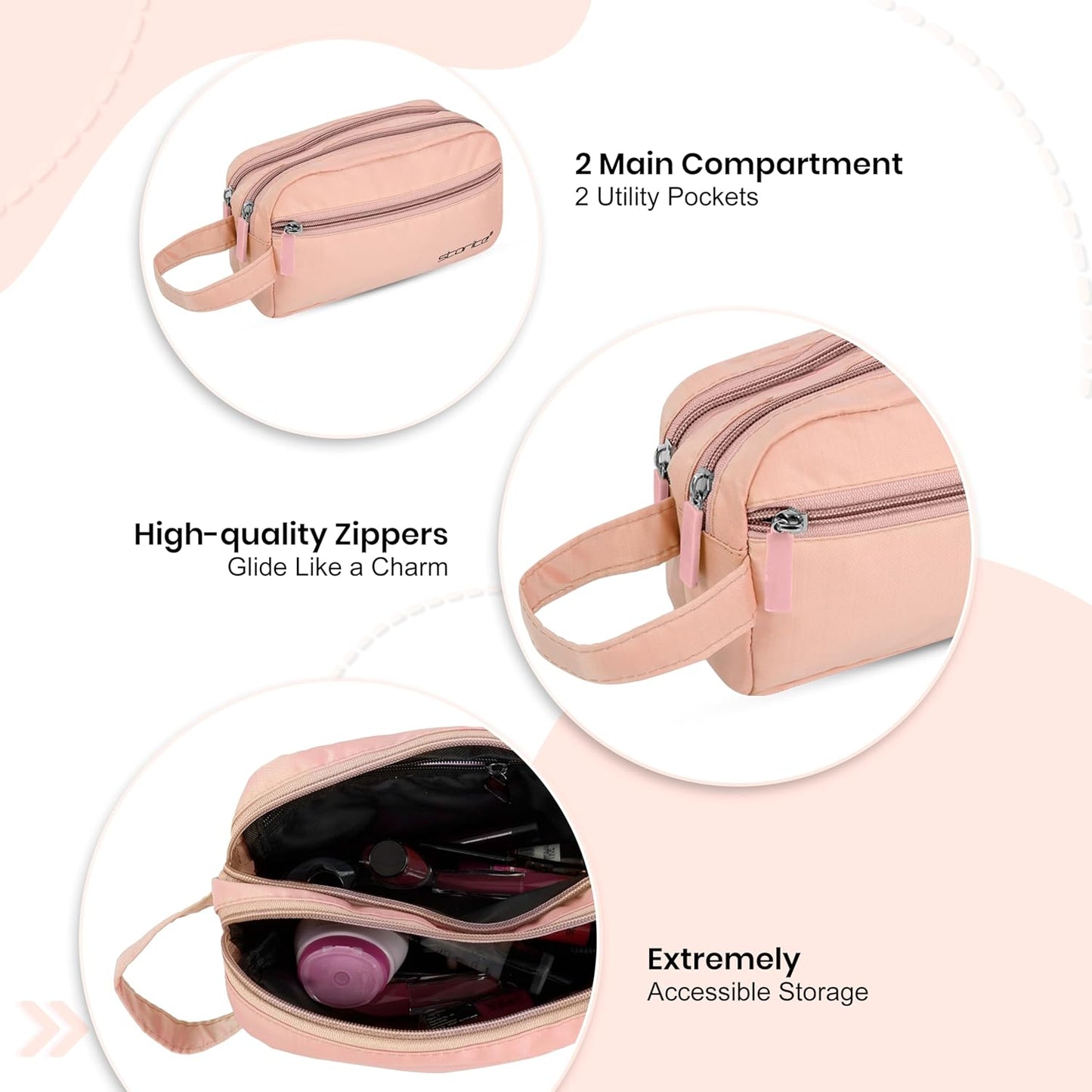 Storite Polyester Multi-Pocket Toiletry Bag for Men & Women, Travel Pouch for Toiletries Shaving Kit & Cosmetics, Water Resistance Pouch, Organizer Travel Pouch for Make Up (1Pk Light Rose)