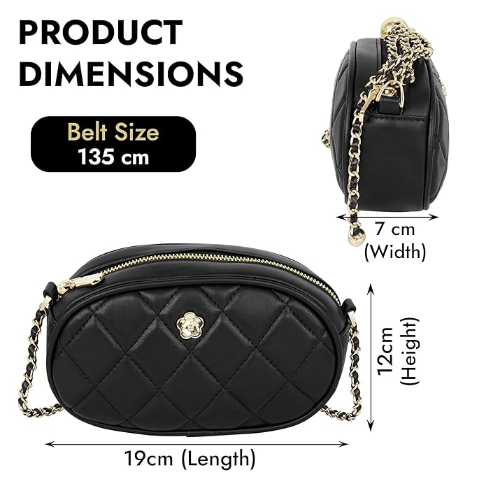 Storite PU Leather Quilted Sling Bag with Detachable Chain Strap, Crossbody Bag with Multi-Compartment for Women and Girls - Black