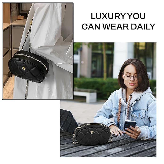 Storite PU Leather Quilted Sling Bag with Detachable Chain Strap, Crossbody Bag with Multi-Compartment for Women and Girls - Black