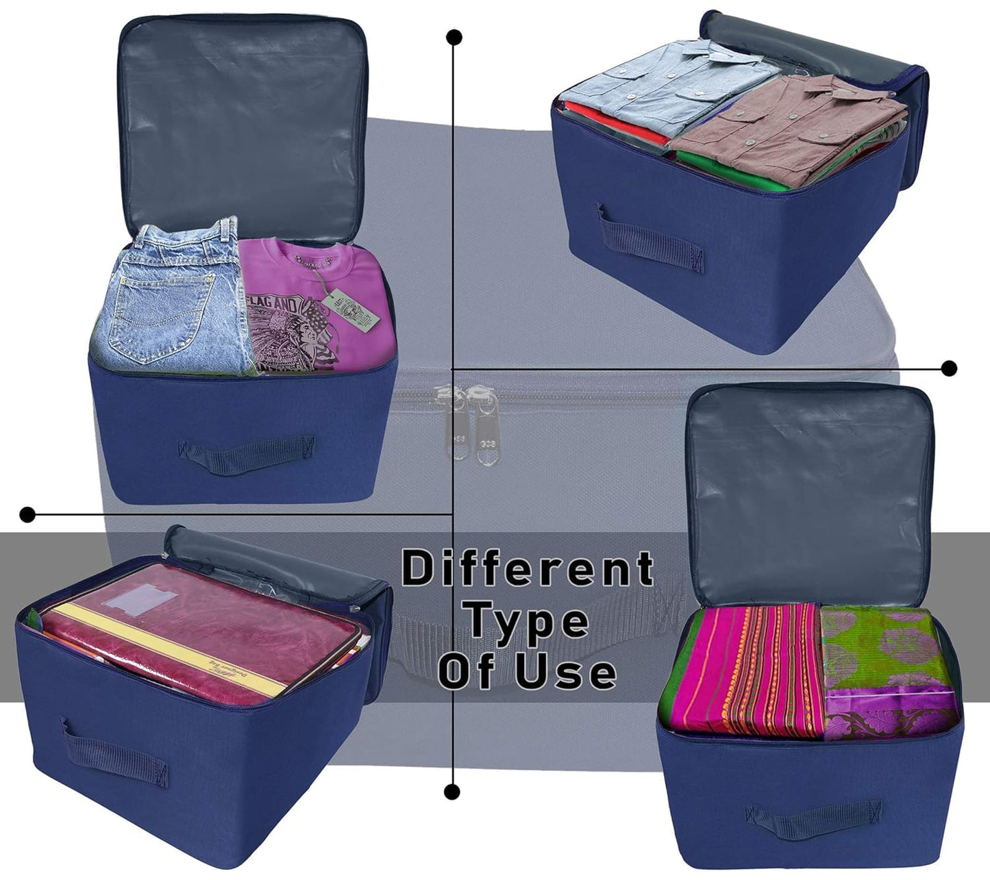 Storite 2 Pack Nylon Wardrobe Bag Underbed Moisture Proof Cloth Storage Organizer, Storage box for Clothes Saree Bags with Zippered Closure & Handle (Blue, 38x35.5x25.4 cm)