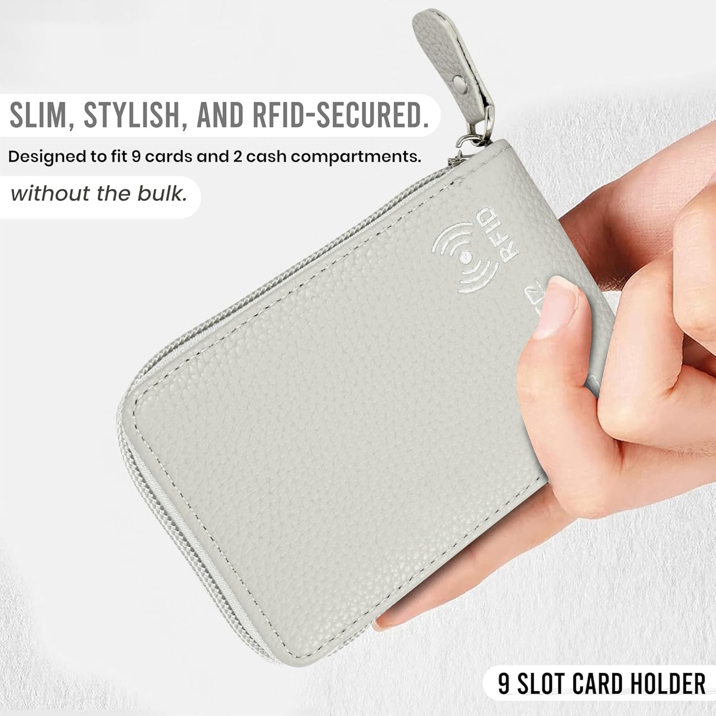 Storite RFID-Blocking PU Leather Card Holder & Zipper Coin Wallet - 9 Slot, Unisex - Grey