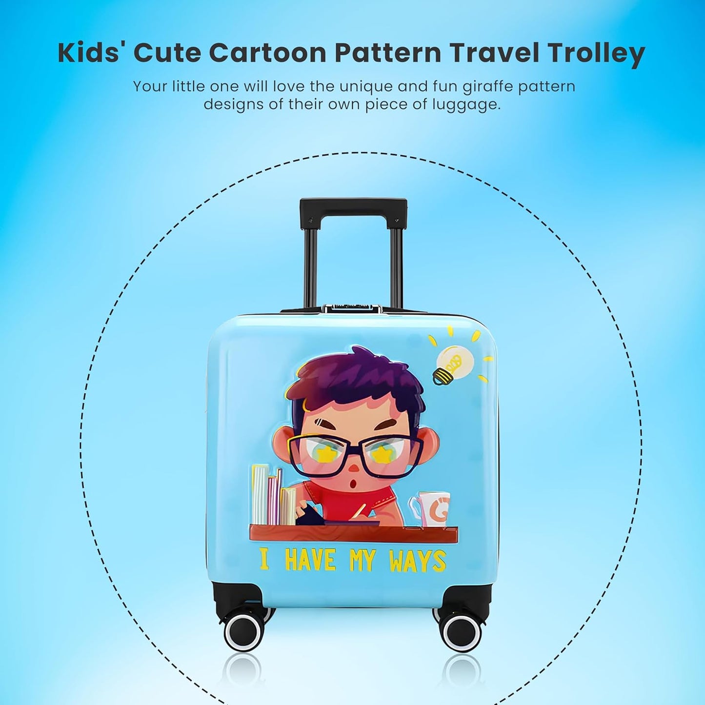 Storite 20 Inches Kids Polycarbonate Trolley Bag - Blue Cartoon Print