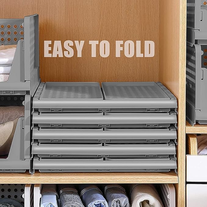 Storite Set of 2 Foldable Wardrobe Organizers - Stackable Plastic Racks for Clothes, Shirts, T-Shirts, and Jeans - Grey