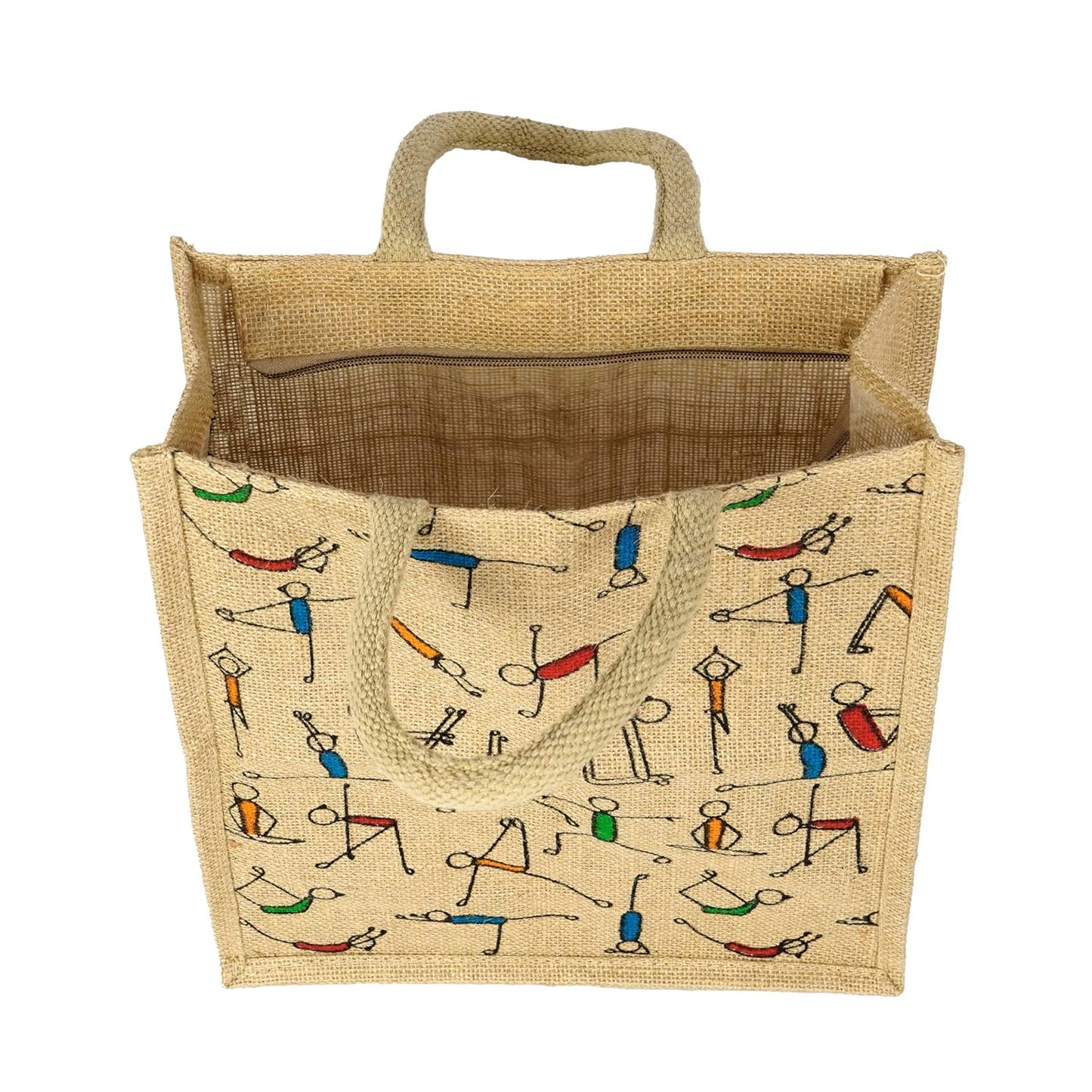 Storite Pack of 2 Eco-Friendly Jute Bags with Yoga Print - Reusable Grocery, Shopping, and Lunch Bags with Sturdy Handle and Zipper Lock