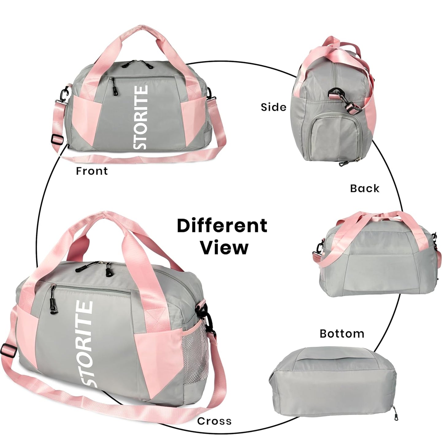 Storite 47 CM Nylon Travel Duffle Bag for Men and Women with Wet Pocket Shoe Compartment - Light Grey/Pink
