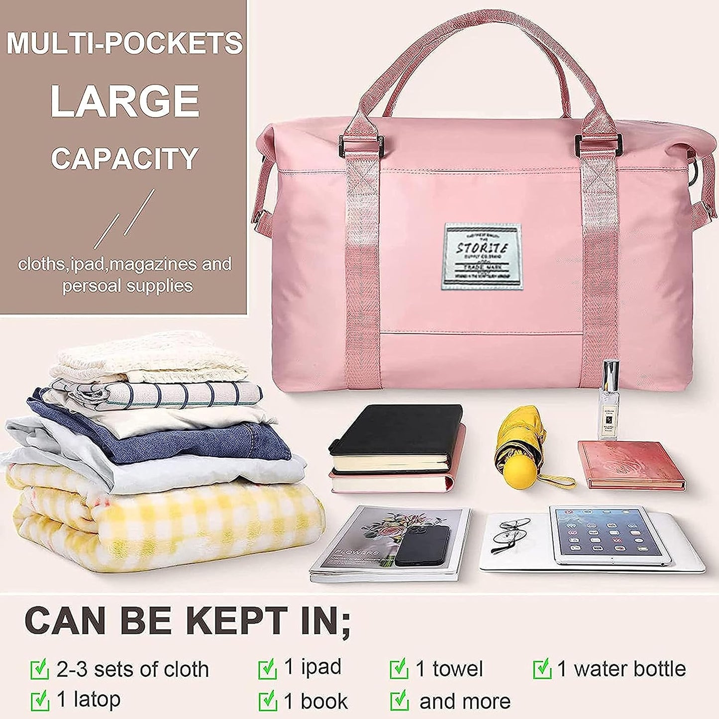 Storite 44cm Nylon Duffel Bag for Women - Waterproof Gym and Travel Tote with Wet Pocket - Pink