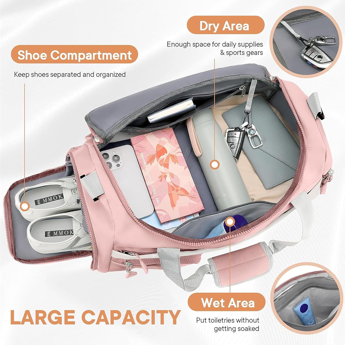 Storite 50 CM Nylon Travel Duffle Bag with Shoe Compartment & Wet Pocket for Women - Light Pink
