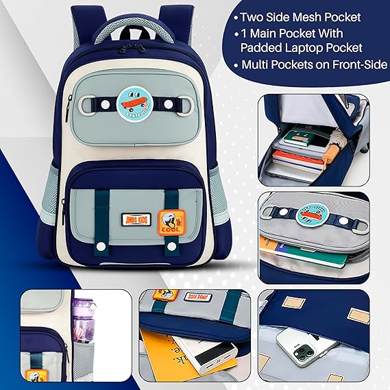 Storite Skateboard Theme School Backpack – Durable & Lightweight Bag with Cartoon Patches, Suitable for Class 5–8 Students – Navy Blue & Grey