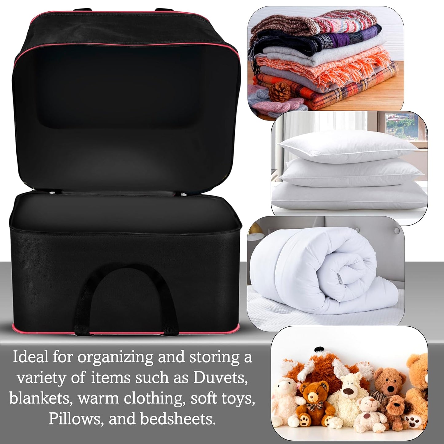 Storite 2 Pack Expandable Moisture Proof Nylon 142 L Heavy Duty Extra Large Size Underbed Storage Bag For Clothes/Blankets/Toys/Stationery Paper (57 x 49 x 51 cm) - Black,Rectangular