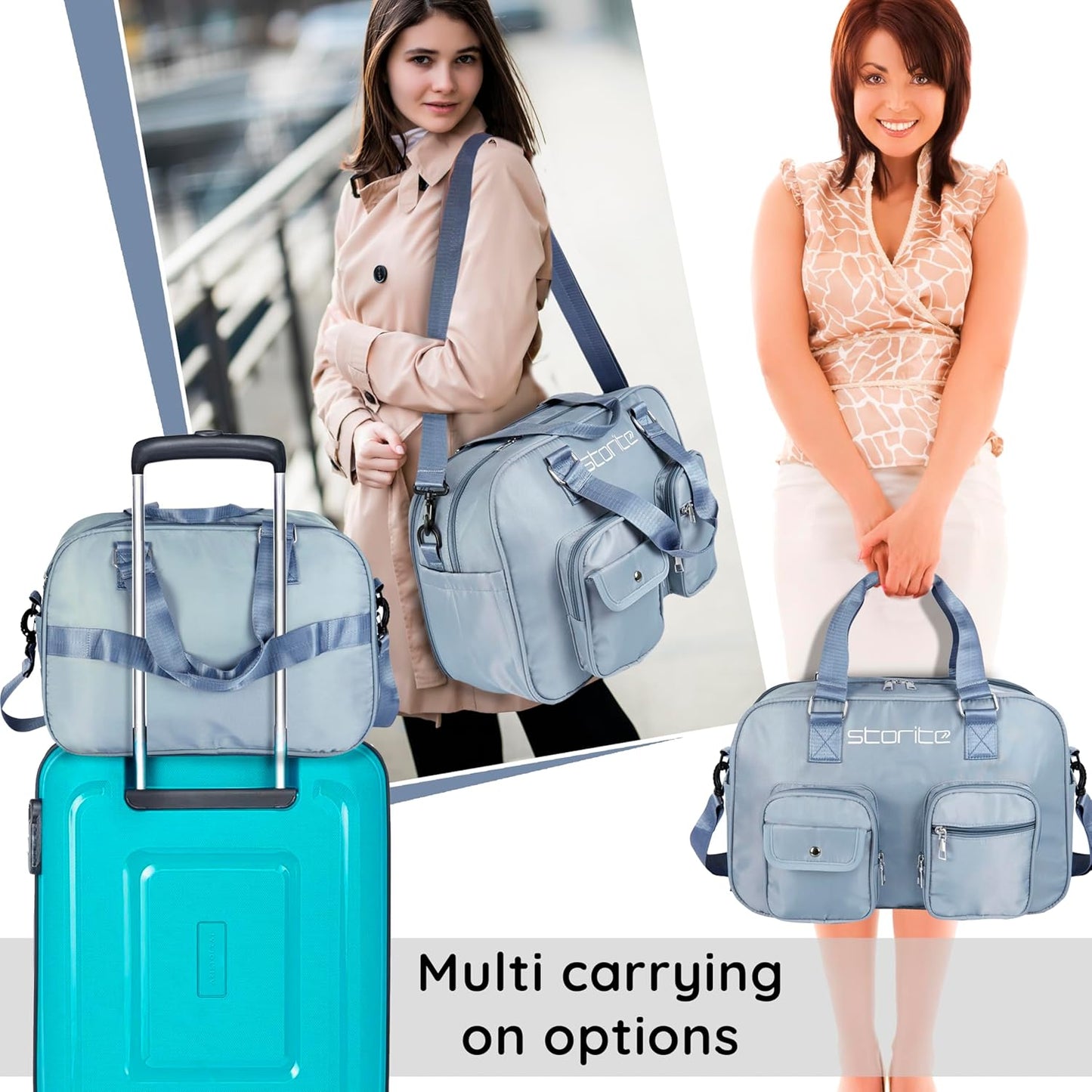 Storite Nylon 43 Cm Expandable Travel Duffle Bag for Women Outdoor Weekend Handbag Lightweight Water Resistant Luggage Bag with Shoulder Strap (Blue, 43 x 30 x 17 Cm)