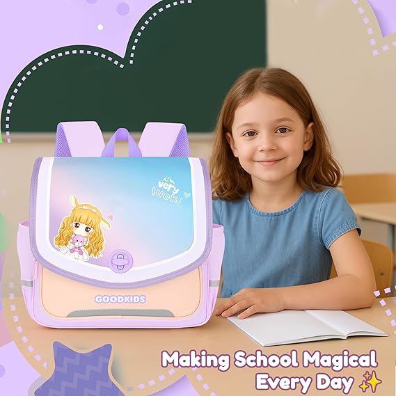 Storite Cute Cartoon Girl Kids Backpack - Rectangular Shape School Bag with Pastel Color theme, Flap & Rotating Lock, Tablet Compartment & Padded Back | Ideal for Class 1–5 Students (Lavender)