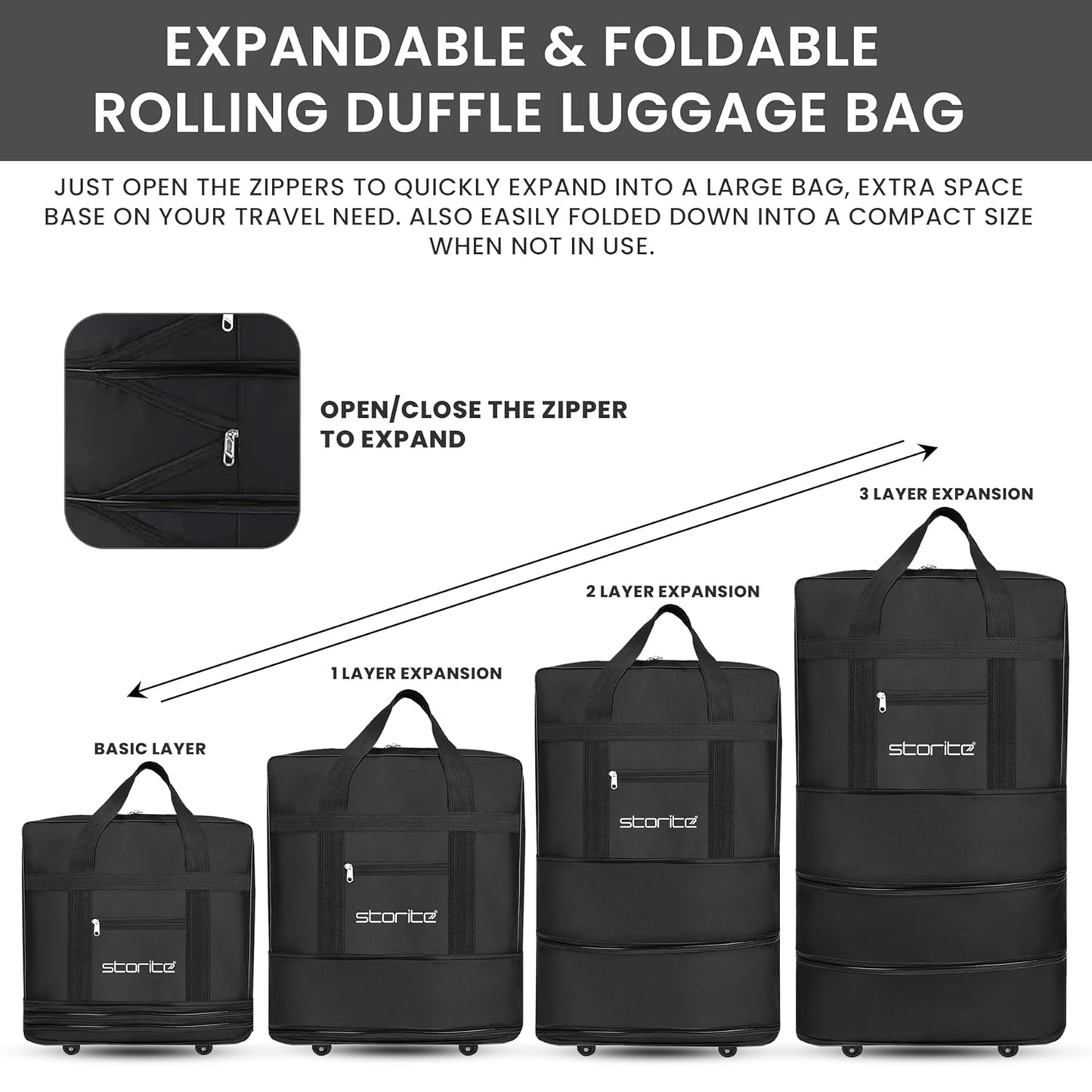Storite 3 Layer Nylon Duffle Bags/Convertible Travel Luggage with Wheels/Waterproof Traveling Bag for Clothes/Foldable - Extendable Duffle Bag for Men and Women (Black)