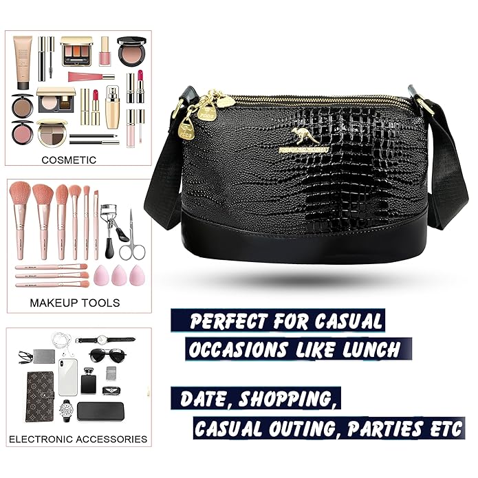 Storite Small PU Leather Women Tote Bag, Glossy Texture Fashionable & Party Sling Bag, Pillow Shoulder Crossbody Bag with Adjustable Strap-Black