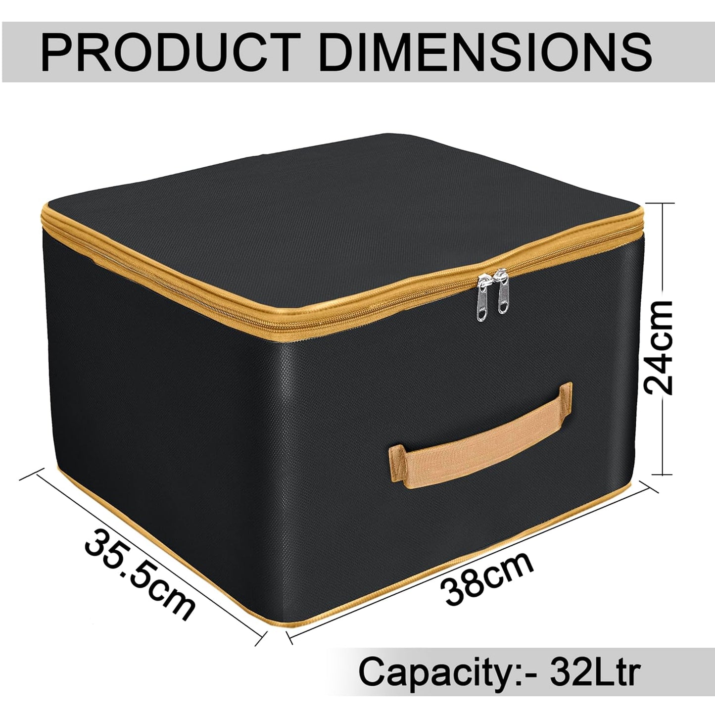 Storite Pack of 2 Nylon Wardrobe Bag Underbed Moisture Proof Cloth Storage Organizer, Storage box for Clothes Saree Bags with Zippered Closure & Handle Square(Black wih Gold Handle, 38x35.5x25 cm)