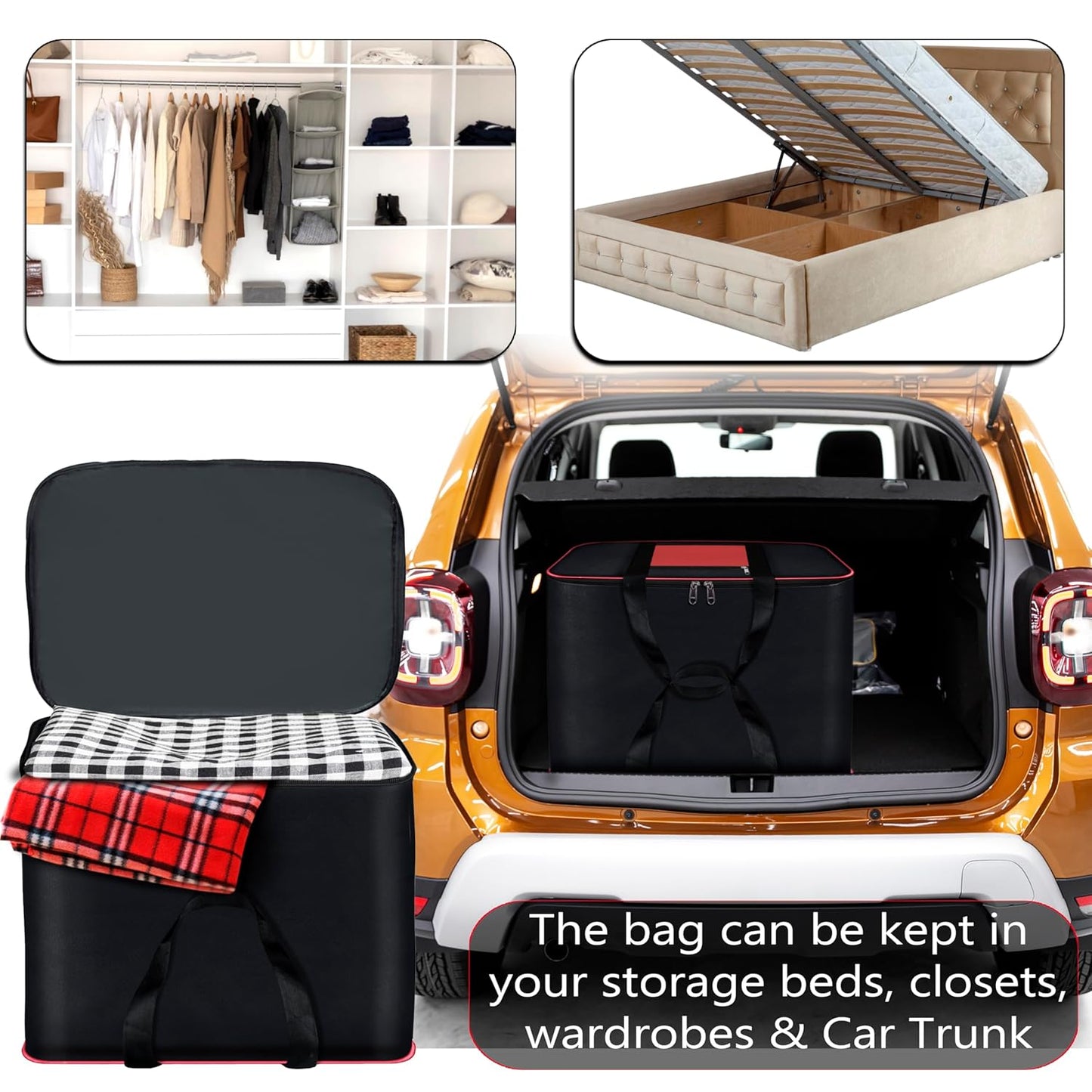 Storite Multi-Purpose Moisture Proof Nylon 131 L Super-Size Large underbed storage bag for Toys/Stationery Paper/Blankets/Clothes - Black/Red (57 x 48 x 48 cm-Rectangular)