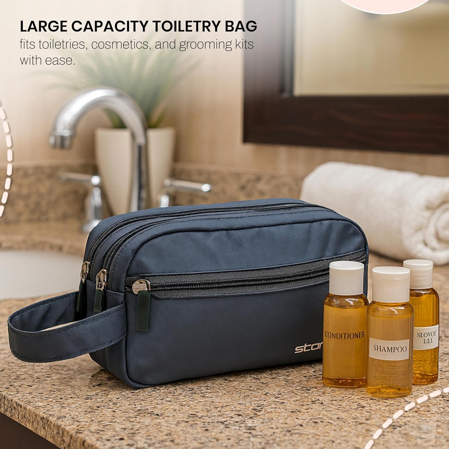 Storite Polyester Multi-Pocket Toiletry Bag for Men & Women, Travel Pouch for Toiletries Shaving Kit & Cosmetics, Water Resistance Pouch, Organizer Travel Pouch for Make Up (1Pk-Blue)