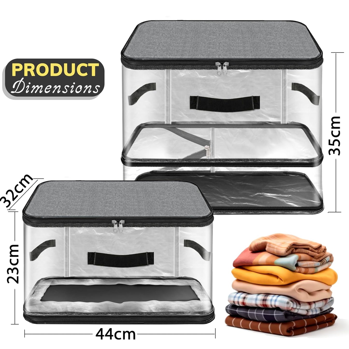 Storite 2 Pack Nylon PVC Transparent Expandable Organizer Storage box for Clothes Closet Wardrobe Space Saving Self Compression Organizer for Clothes Saree Bags with Carry Handle (Grey, 35x44x32 cm)