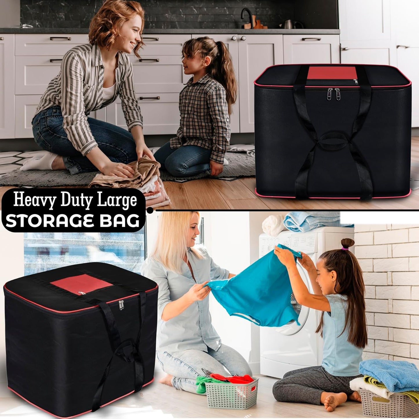 Storite Multi-Purpose Moisture Proof Nylon 131 L Super-Size Large underbed storage bag for Toys/Stationery Paper/Blankets/Clothes - Black/Red (57 x 48 x 48 cm-Rectangular)