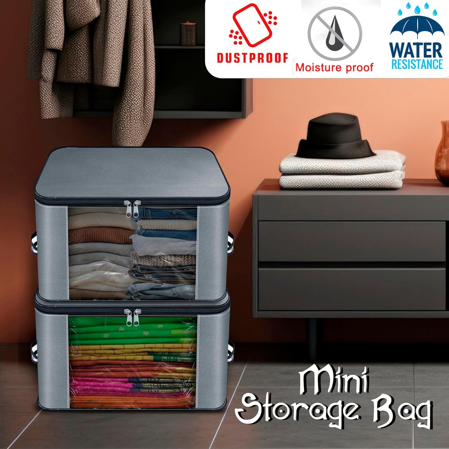 Storite 2 Pack Nylon Wardrobe Bag with Transparent Pocket Underbed Moisture Proof Storage Organizer, Storage box for Clothes Saree Bags with Zippered Closure & Handle (Grey, 37x35x23 cm) Square