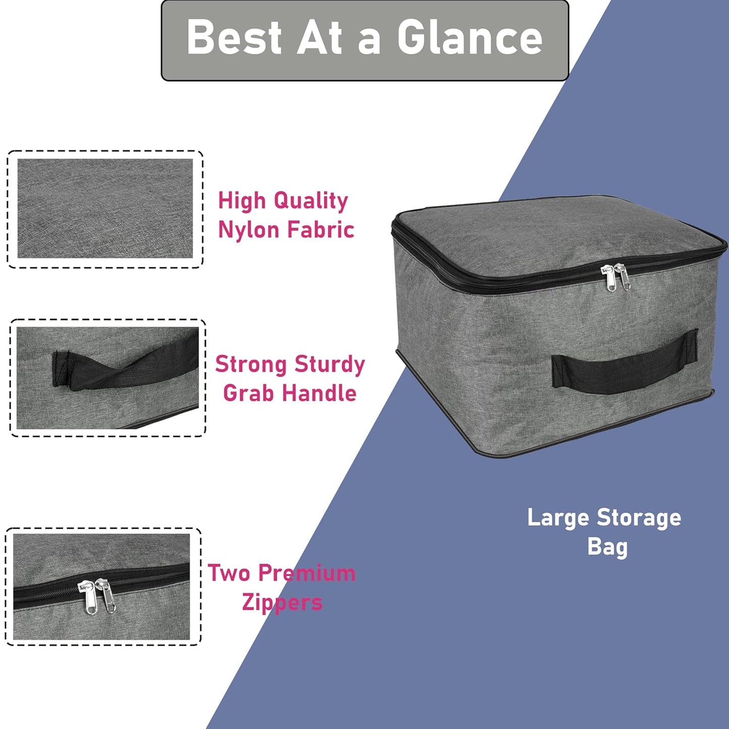 Storite 2 Pack Nylon Wardrobe Bag Underbed Moisture Proof Cloth Storage Organizer, Storage box for Clothes Saree Bags with Zippered Closure & Handle (Grey, 40x35x23 cm)