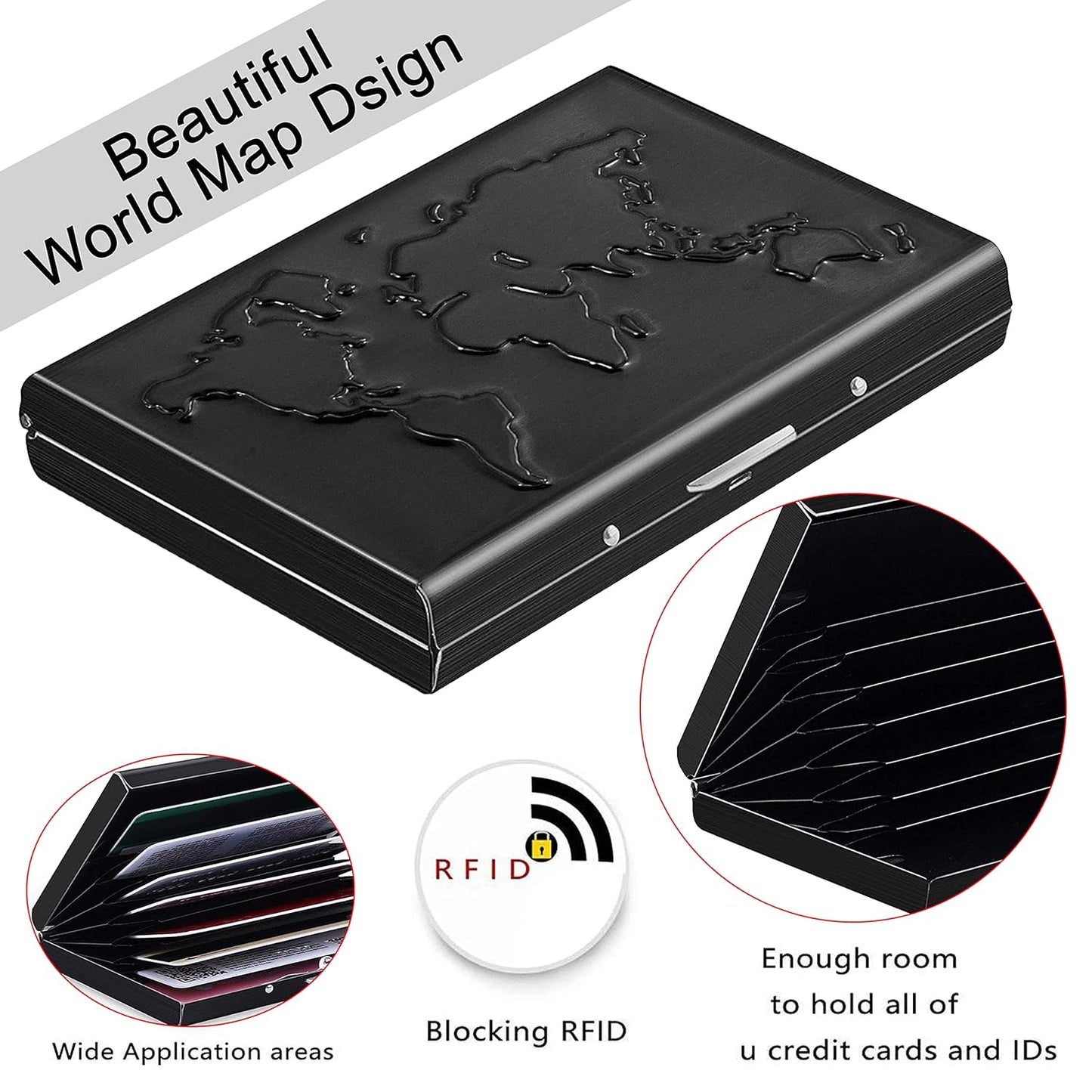 Storite 8 Slot Metal RFID Credit Or Debit Card Holder Wallet for Men Women- (Black World Map-9.5cm x 6.5cm x 1.5 Cm)