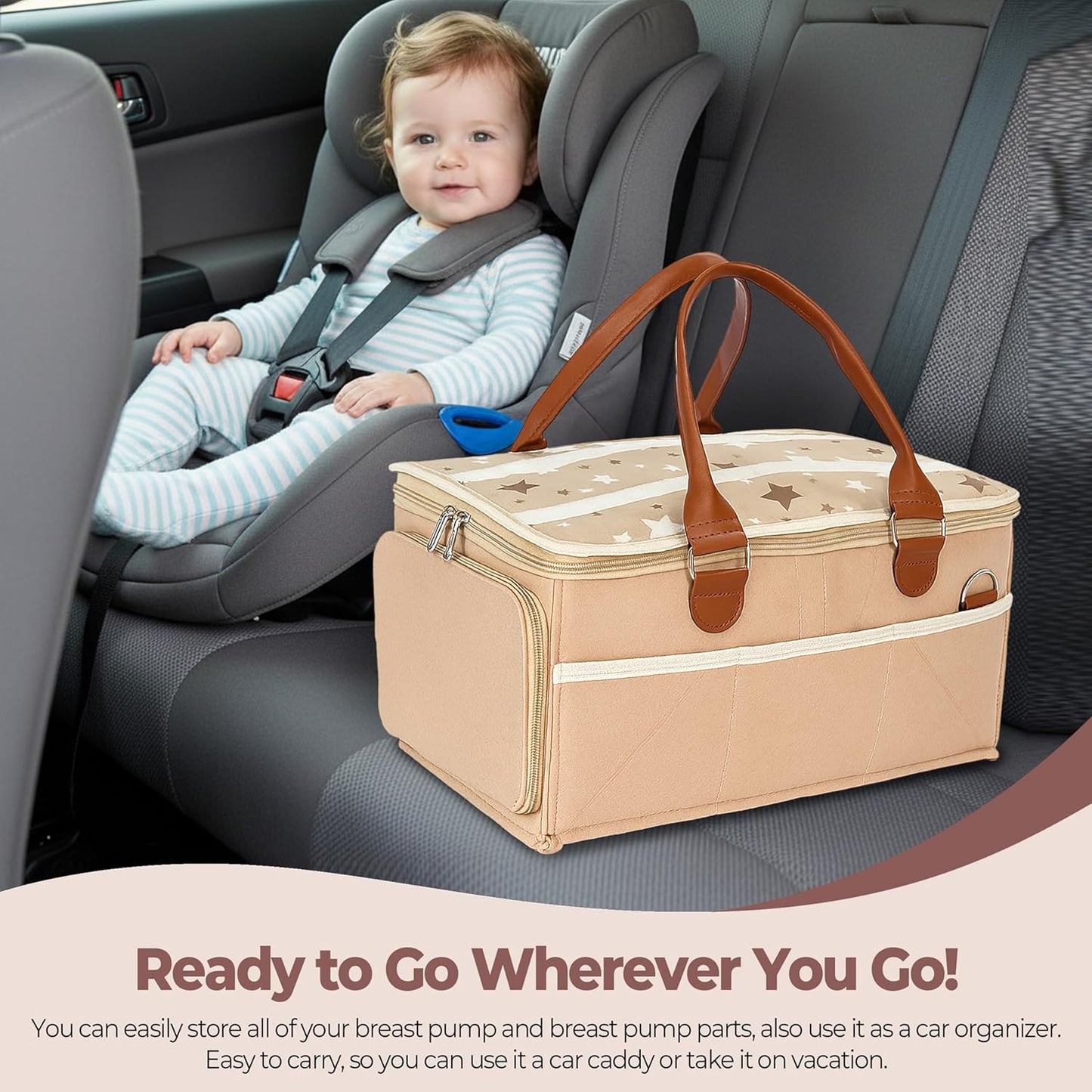 Storite Cute Felt Diaper Caddy Organizer Bag with Lid and Removable Shoulder Strap | Baby Basket Essentials for Newborn Baby Products Storage with Compartments | 40 x 27 x 19 cm | Model 2 – Beige