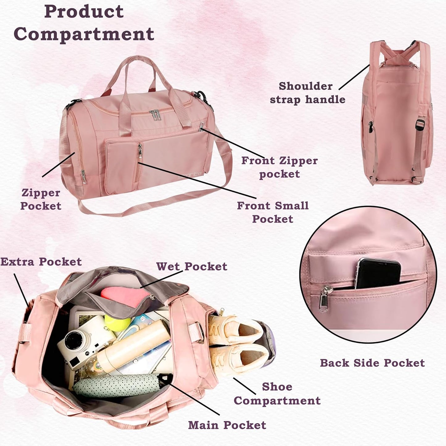 Storite Nylon 52 Cm Multi Purpose Travel Duffle Bag for Women with Dry and Wet Separate Pocket, Lightweight Waterproof Backpack Carry Luggage Bag with Shoe Compartment (Pink, 52 x 23 x 25 cm)