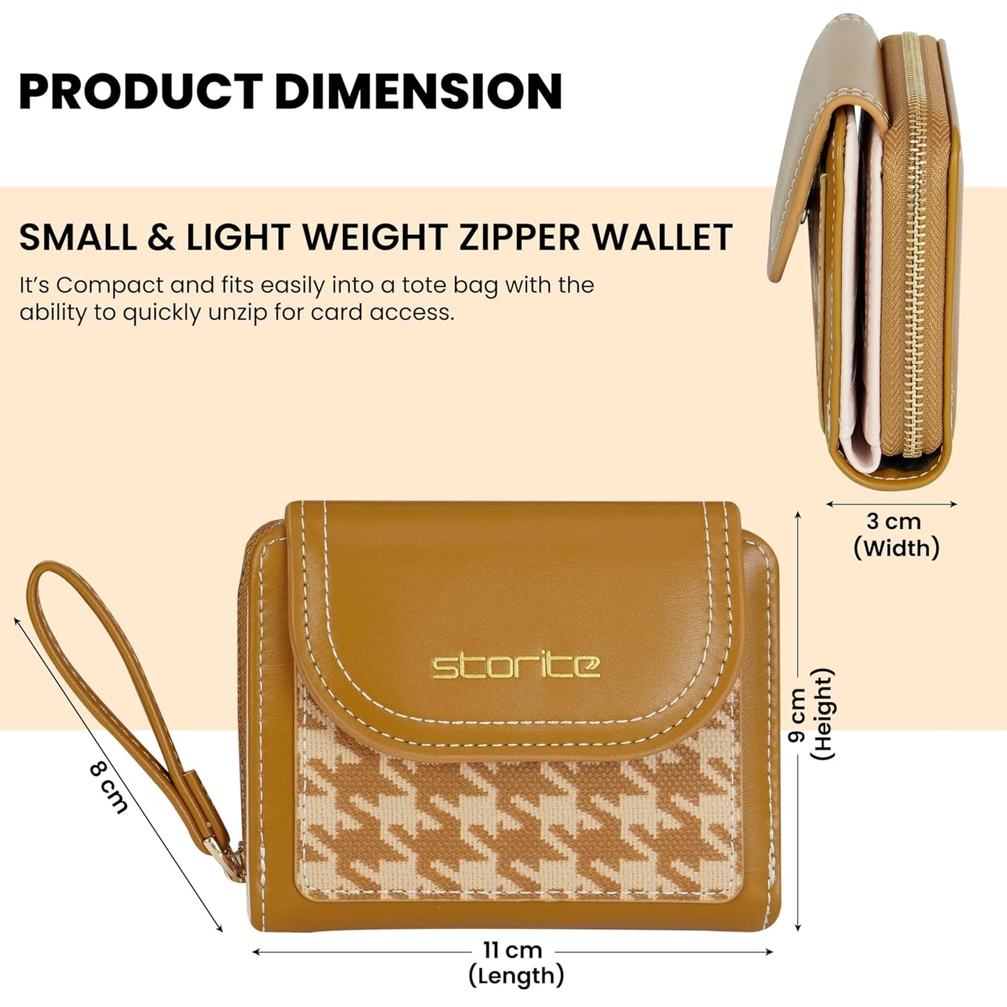 Storite Womens Stylish Compact Leather Wallet 5 Card Slots,1 ID Window, Ladies Mini Purse Money Pocket with Zipper Closure (Brown - 11 x 9 x 3 Cm)