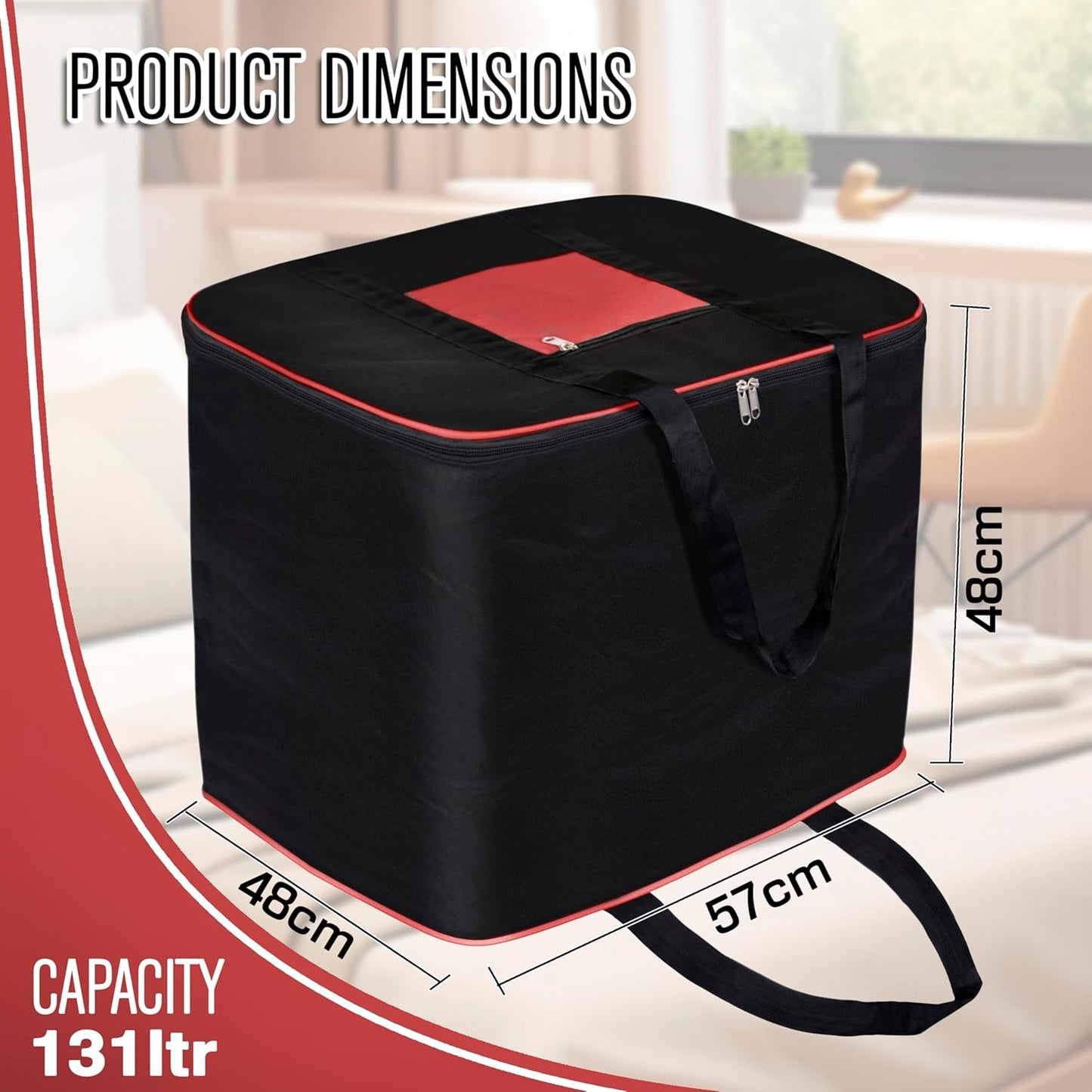 Storite Multi-Purpose Moisture Proof Nylon 131 L Super-Size Large underbed storage bag for Toys/Stationery Paper/Blankets/Clothes - Black/Red (57 x 48 x 48 cm-Rectangular)
