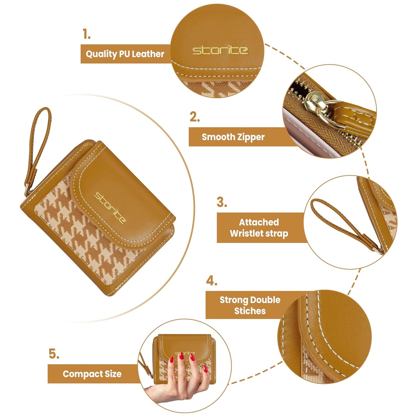 Storite Womens Stylish Compact Leather Wallet 5 Card Slots,1 ID Window, Ladies Mini Purse Money Pocket with Zipper Closure (Brown - 11 x 9 x 3 Cm)