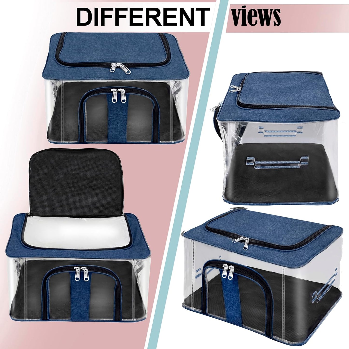 Storite Nylon 33 L PVC Transparent Moisture Proof Storage box for Clothes Closet Wardrobe Organizer Saree Bags for Clothes with Carry Handle - (DarkBlue, 44 x 31 x 24 cm)