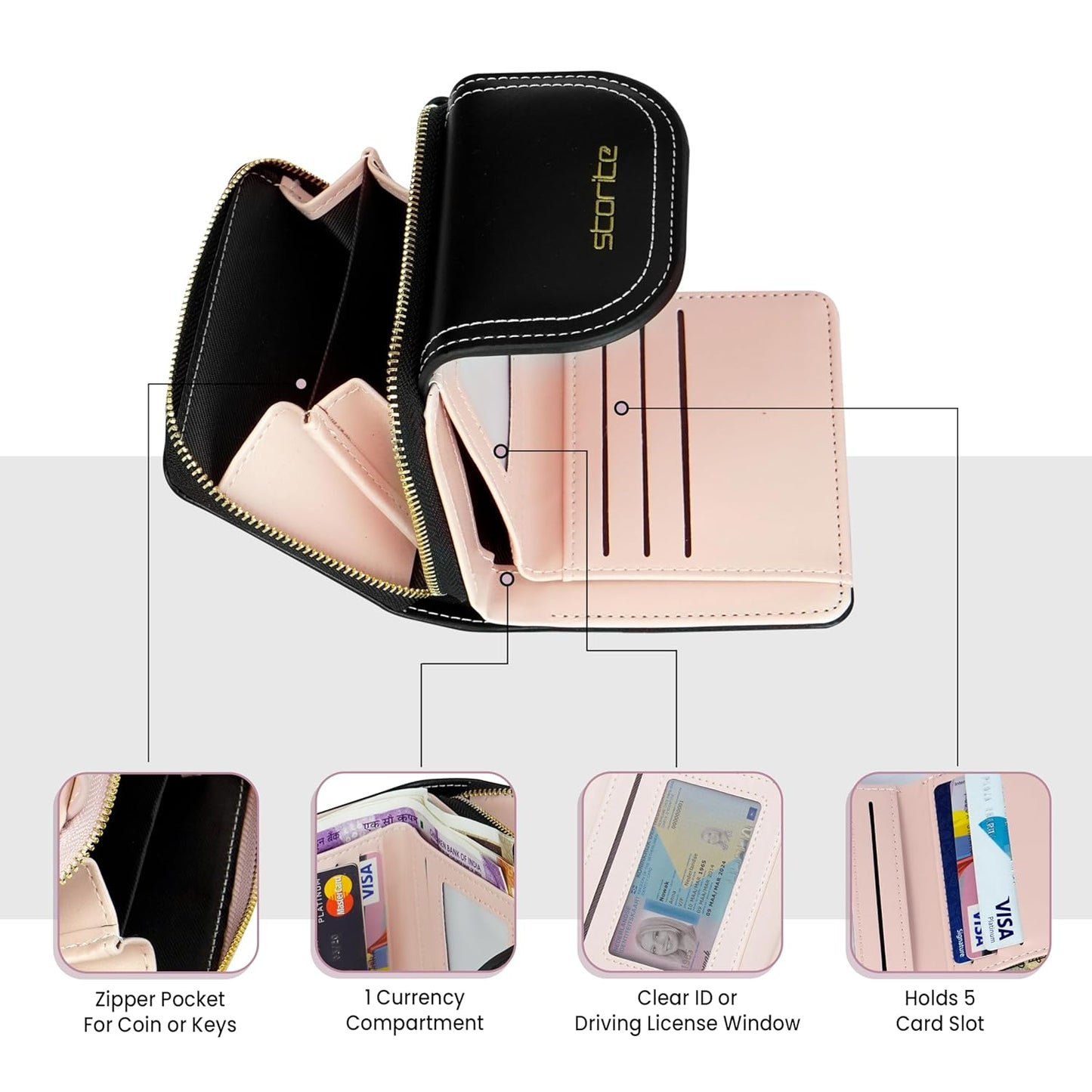 Storite Womens Stylish Compact Leather Wallet 5 Card Slots,1 ID Window, Ladies Mini Purse Money Pocket with Zipper Closure (Black - 11 x 3 x 9 Cm)
