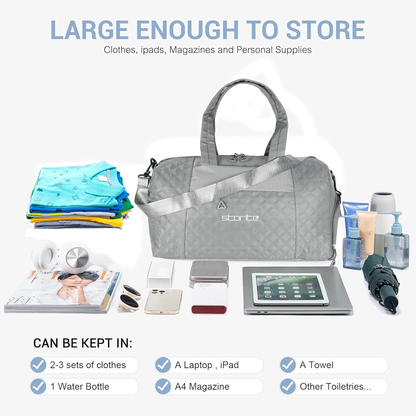 Storite 42 Cm Imported Multi Purpose Travel Duffle Bag for Women with Dry and Wet Pocket, Lightweight Waterproof Backpack Carry Luggage Bag with Shoe Compartment (Grey, 42 x 20 x 25 cm)