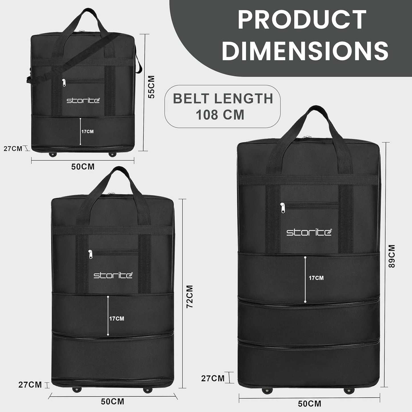 Storite 3 Layer Nylon Duffle Bags/Convertible Travel Luggage with Wheels/Waterproof Traveling Bag for Clothes/Foldable - Extendable Duffle Bag for Men and Women (Black)