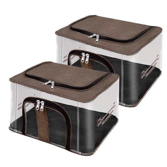 Storite 2 Pack Nylon 33 L PVC Transparent Moisture Proof Storage box for Clothes Closet Wardrobe Organizer for Clothes Saree Bags with Carry Handle - (Brown, 44 x 31 x 24 cm)