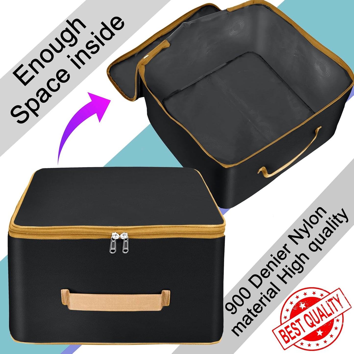 Storite Pack of 2 Nylon Wardrobe Bag Underbed Moisture Proof Cloth Storage Organizer, Storage box for Clothes Saree Bags with Zippered Closure & Handle Square(Black wih Gold Handle, 38x35.5x25 cm)