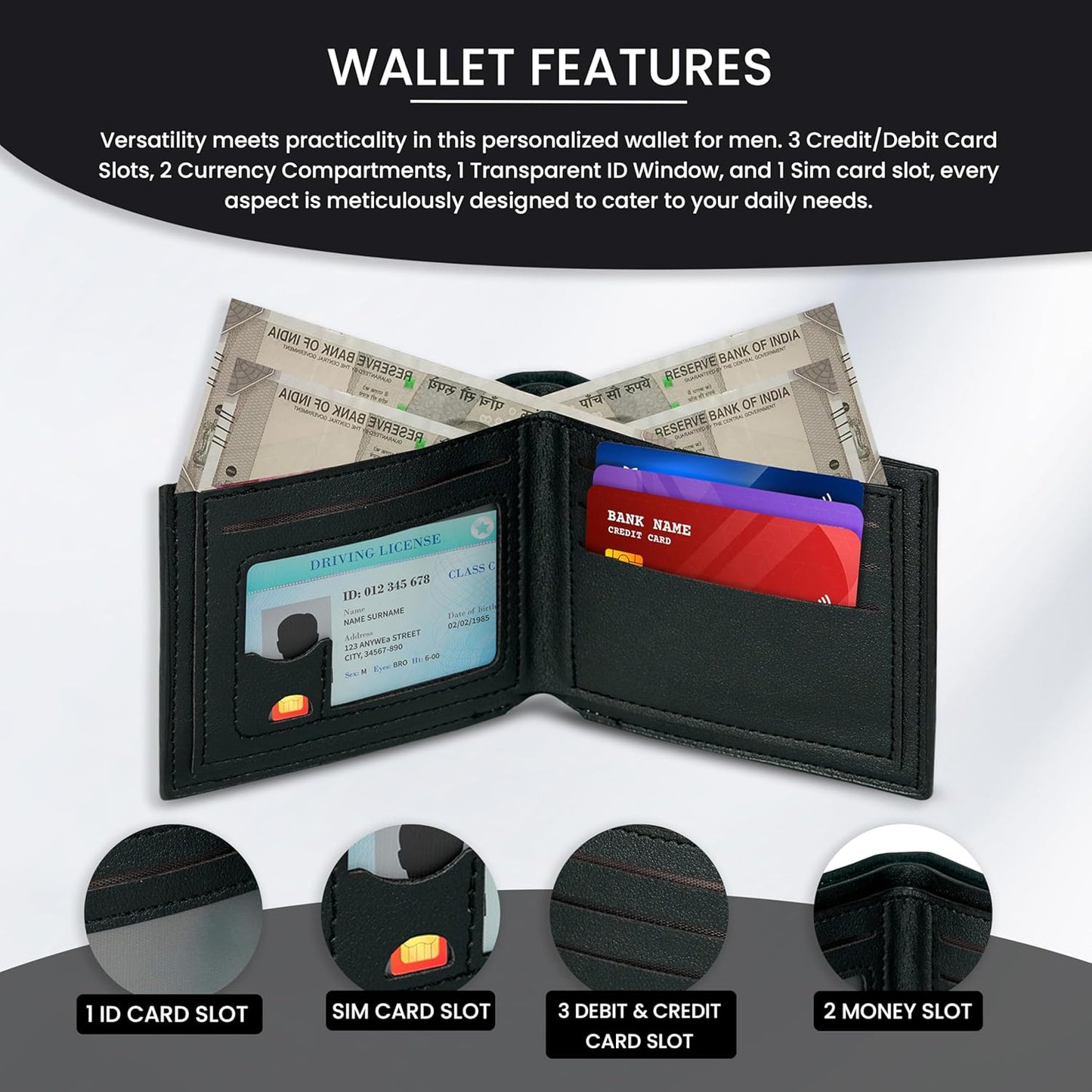 Storite Leather Wallet for Men - Lightweight Wallet with SIM Card Slot & ID Window for Office Travel & Daily Use (Black - 11.5 x 9 Cm)