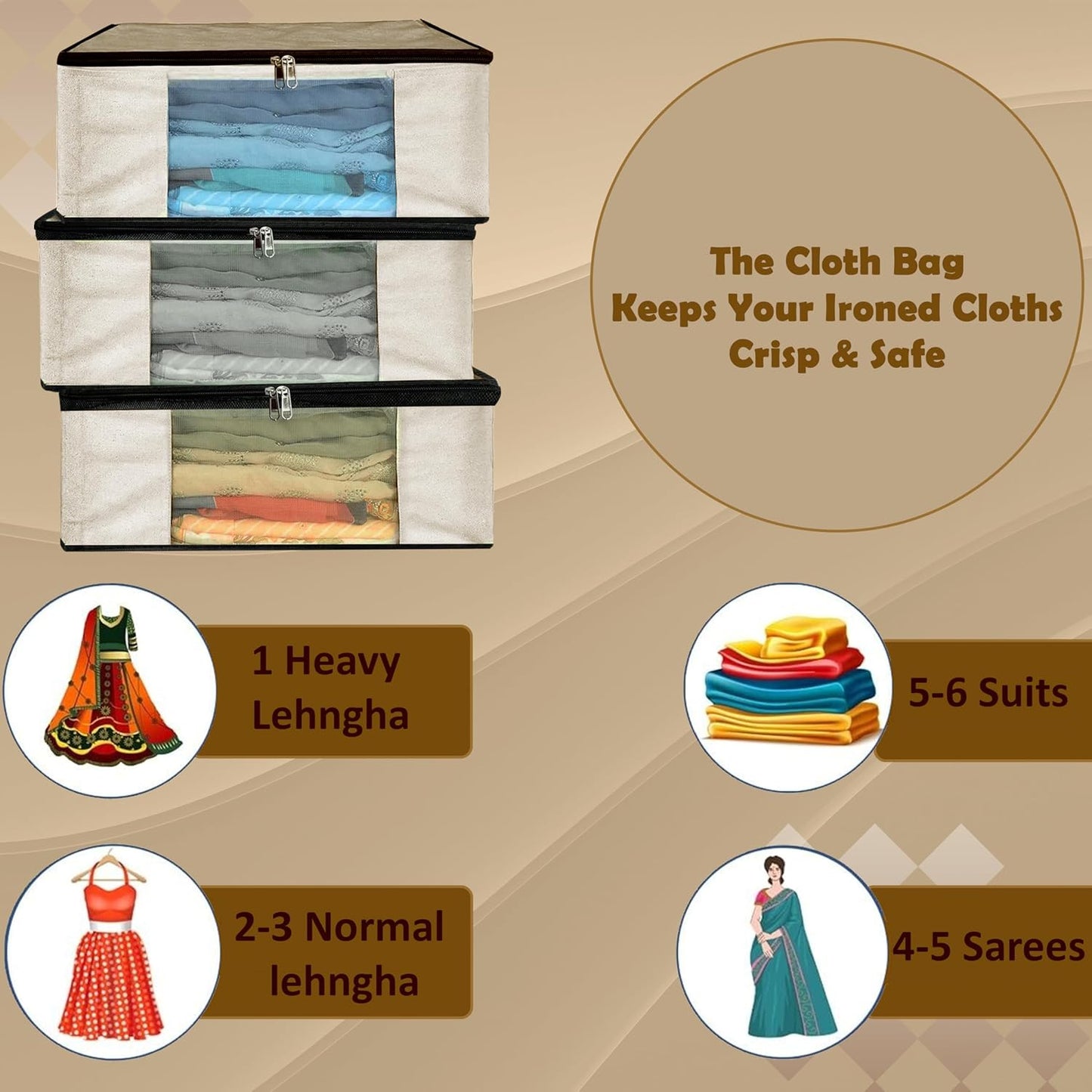 Storite 3 Pack Cotton Canvas Clothes Storage Bags/Saree Covers with Zip for Storage Specially Design for Woman Dresses, Sarees, Lehengas for Wardrobe Organizer (42.2cm x 36cm x 20cm)