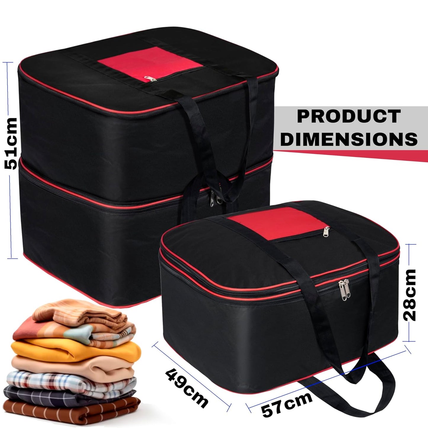 Storite 2 Pack Expandable Moisture Proof Nylon 142 L Heavy Duty Extra Large Size Underbed Storage Bag For Clothes/Blankets/Toys/Stationery Paper (57 x 49 x 51 cm) - Black,Rectangular