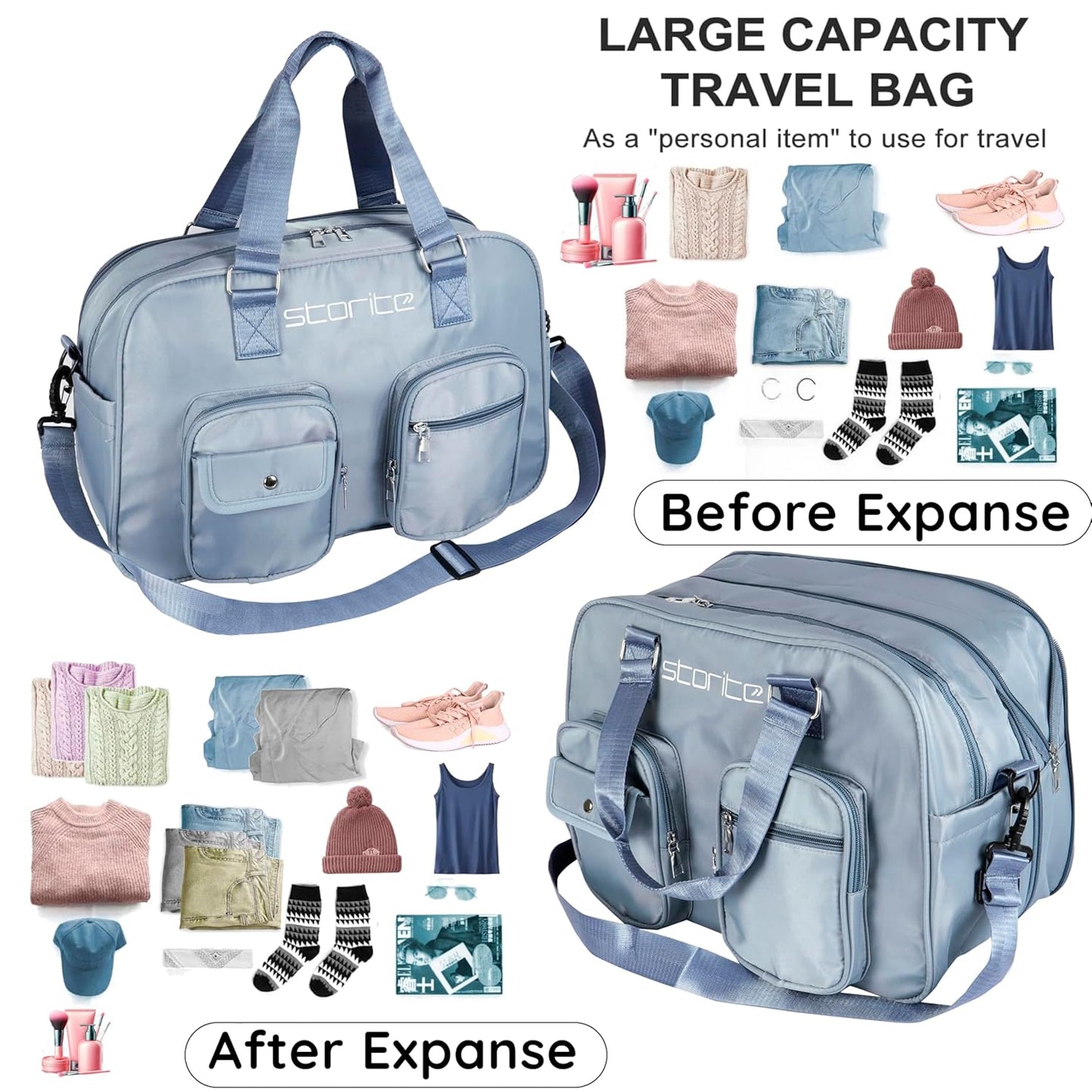 Storite Nylon 43 Cm Expandable Travel Duffle Bag for Women Outdoor Weekend Handbag Lightweight Water Resistant Luggage Bag with Shoulder Strap (Blue, 43 x 30 x 17 Cm)