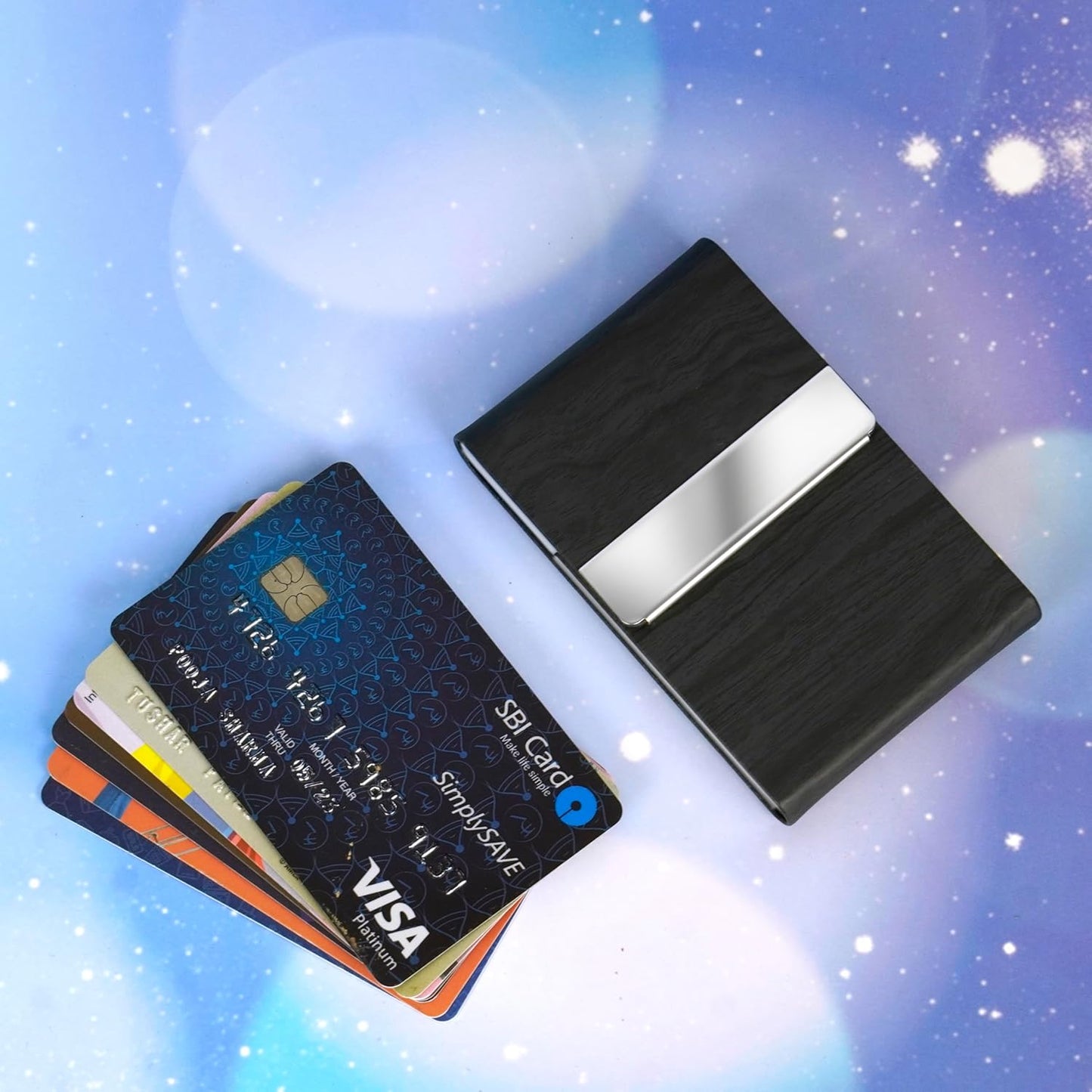 Storite Vertical Wooden Texture Card Holder, PU Leather and Stainless Steel Credit Card Wallet, Business Card Holder for Men and Women (Black -9 x 1 x 6 Cm)