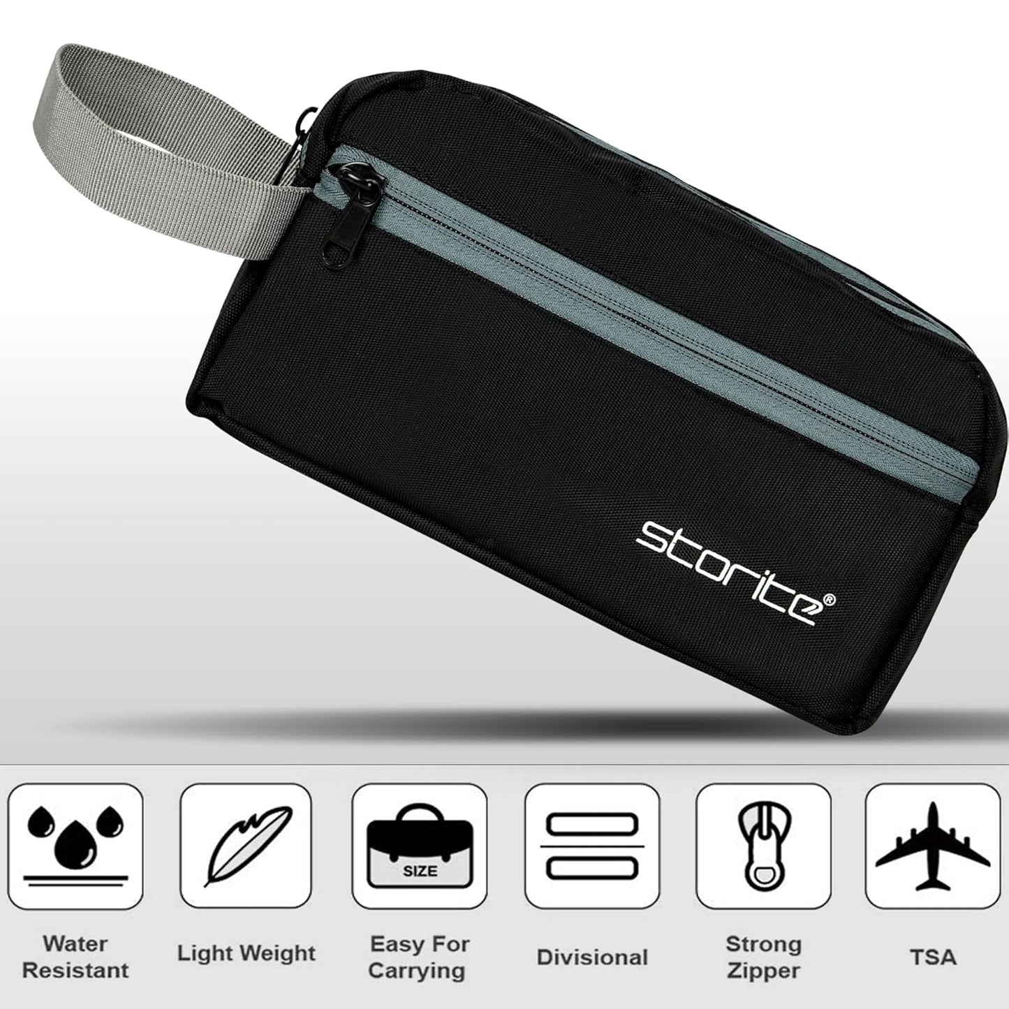 Storite Polyester Multi-Pocket Toiletry Bag for Men & Women, Travel Pouch for Toiletries Shaving Kit & Cosmetics, Water Resistance Pouch, Organizer Travel Pouch for Make Up - Black (23 x 9 x 13 Cm)